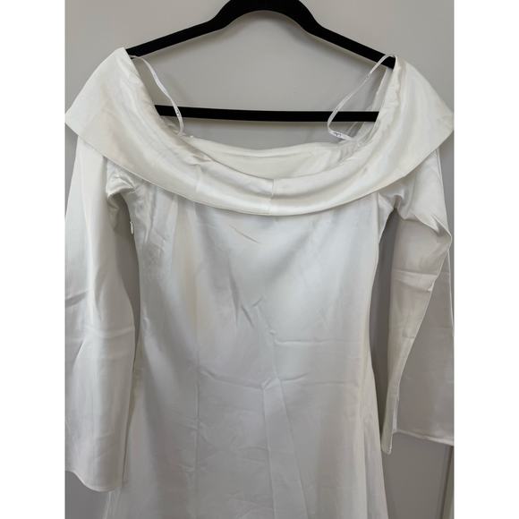 Lulu's Elegant White Satin Off-Shoulder Dress - Picture 5 of 8